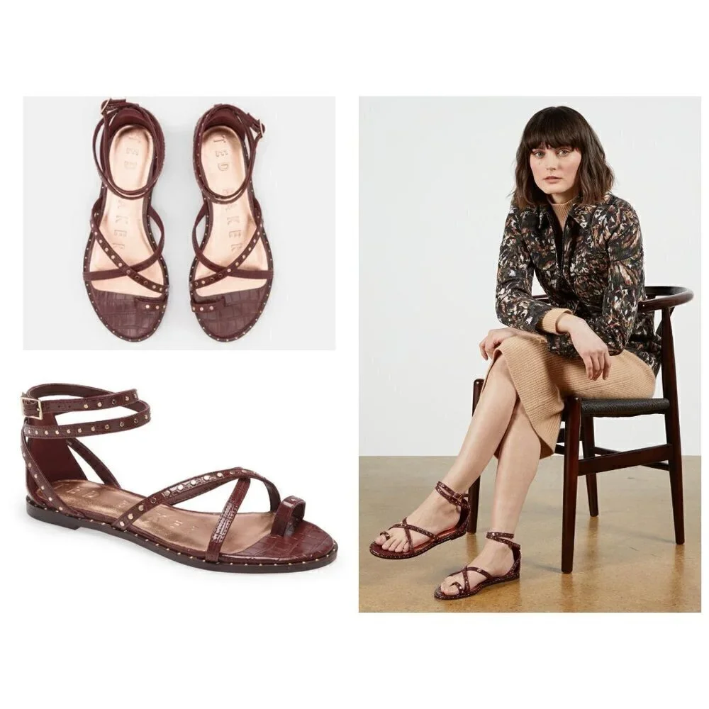 💕TED BAKER LONDON💕 Mathar Flat Studded Gladiator Sandal ~ Dark Brown 38.5 NWT